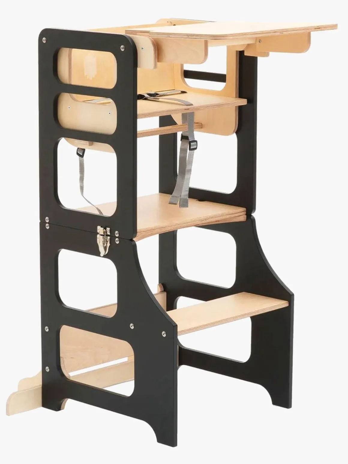 Duck Woodworks 3-i-1 Sammenklappeligt Læringstårn med Højstol, Sort