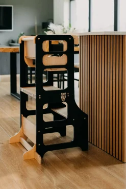Duck Woodworks 3-i-1 Sammenklappeligt Læringstårn med Højstol, Sort