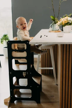 Duck Woodworks 3-i-1 Sammenklappeligt Læringstårn med Højstol, Sort