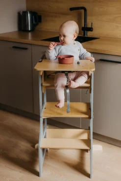 Duck Woodworks 3-i-1 Sammenklappeligt Læringstårn med Højstol, Grå