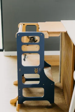 Duck Woodworks 3-i-1 Sammenklappeligt Læringstårn med Højstol, Blå