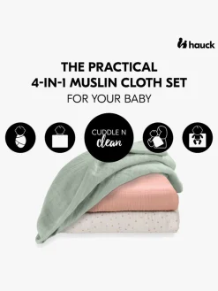 Hauck Cuddle N Clean Tæppe/ Stofble i Musselin 3-pak, Sage/Beige/Dots/Cork