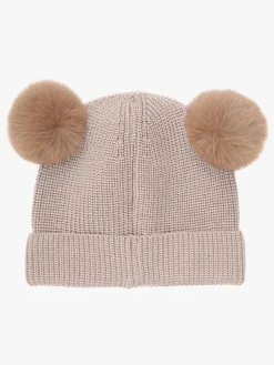 Huttelihut Hue Merinould med Pomponer, Camel Melange